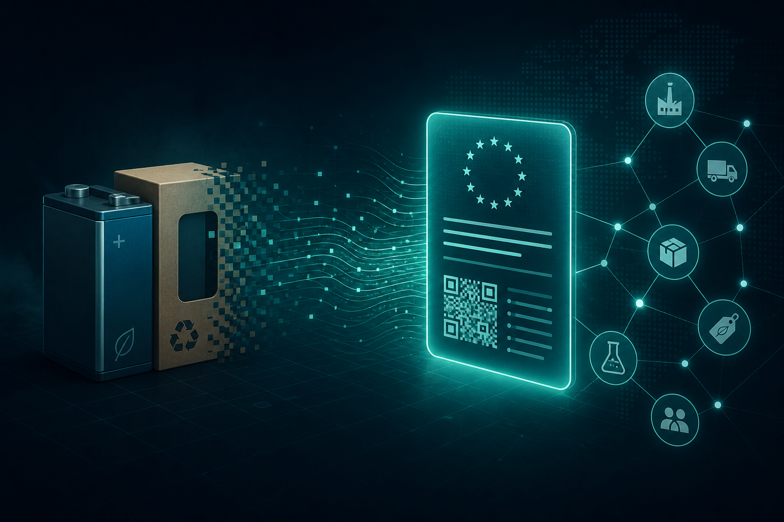 Ilustración conceptual: un producto físico se convierte en pasaporte digital con QR y datos de cumplimiento