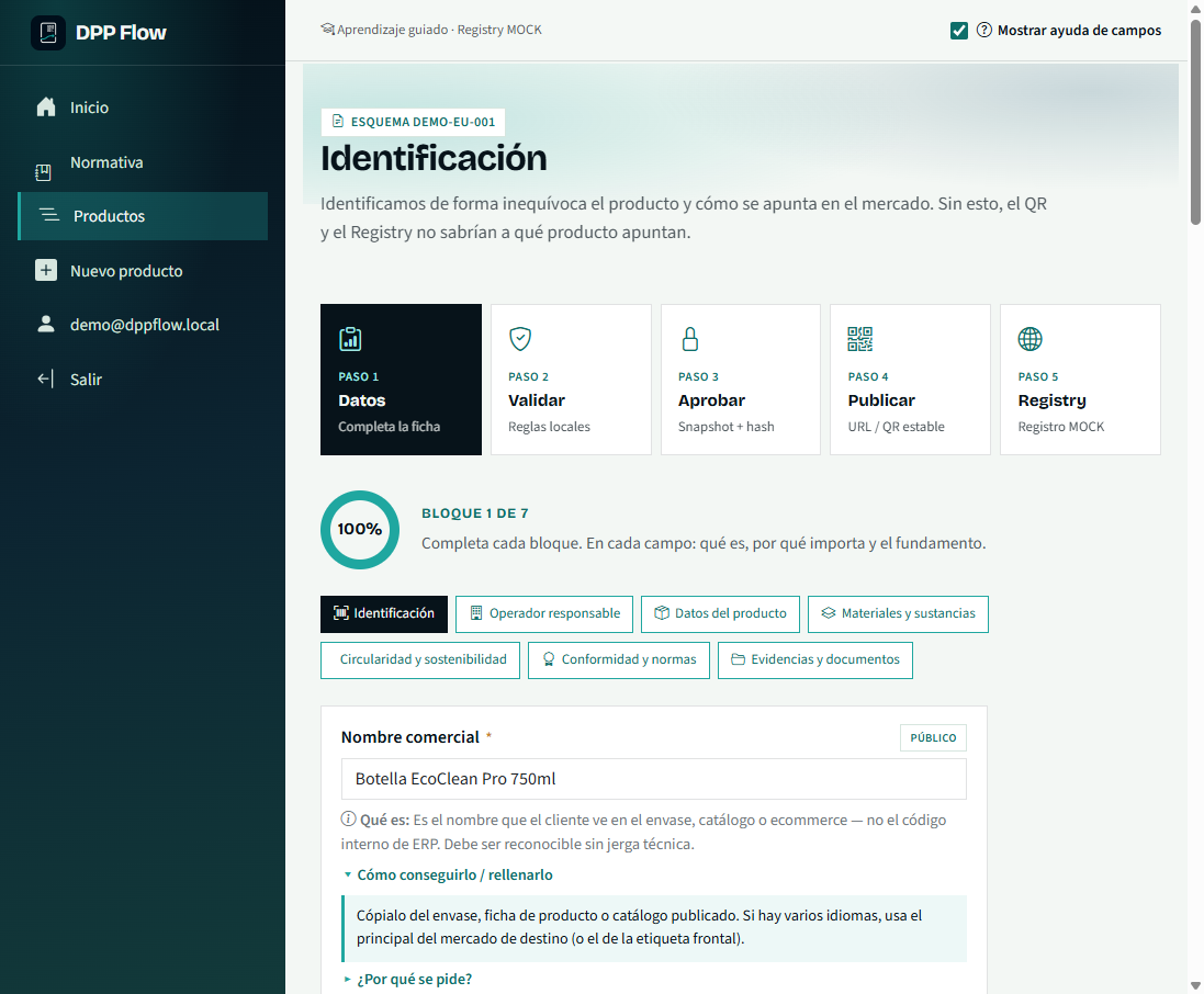 DPP Flow: asistente de ficha del Pasaporte Digital de Producto con ayuda en cada campo